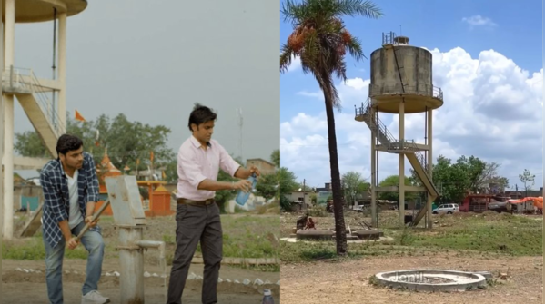 Some elements, like the memorial library and handpump, are fictional additions to the village.