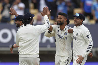 Akash Deep and teammates celebrate a wicket during the Edgbaston Test