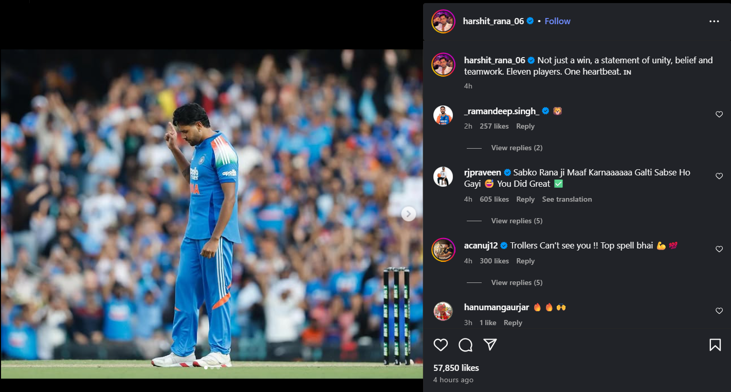 Harshit Rana's Instagram post after the victory